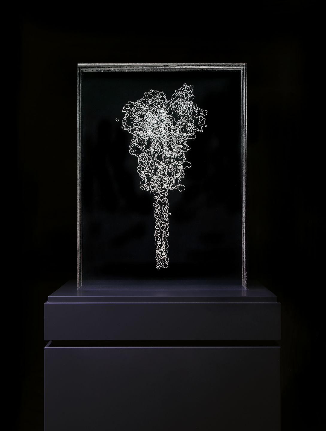 An illuminated, wiry-shaped form etched into multiple sheets of glass against a black background