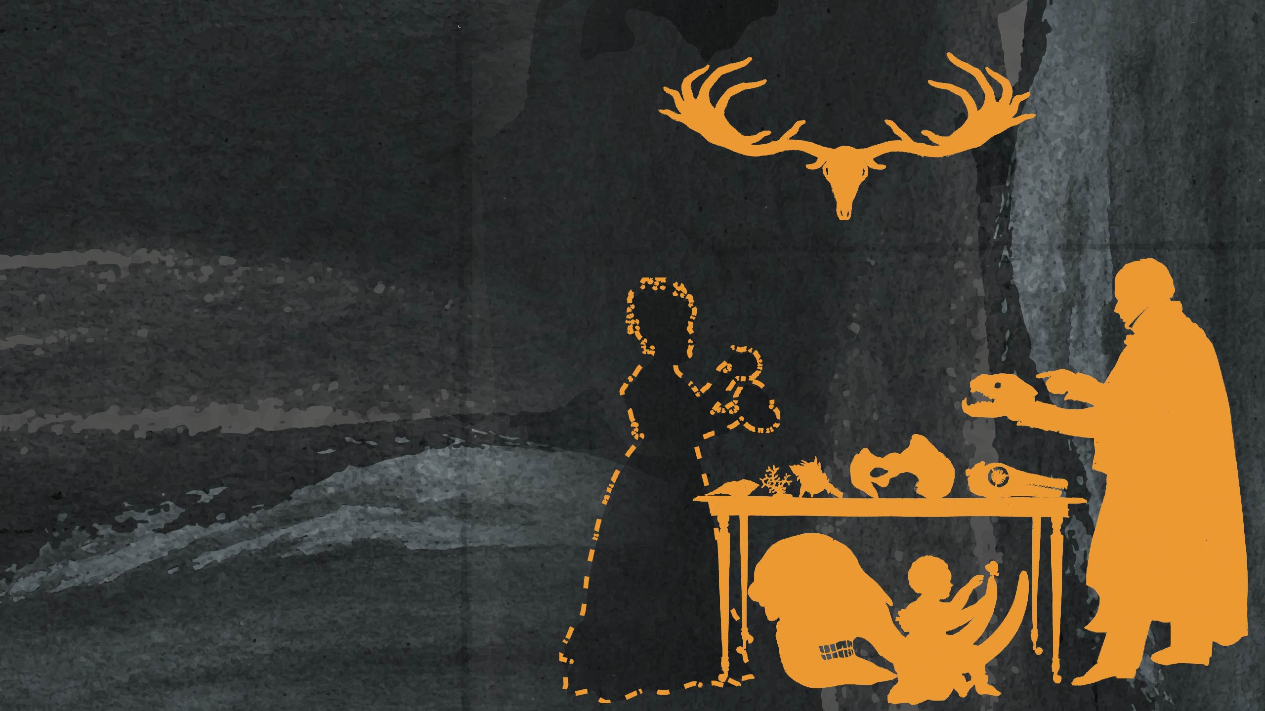 orange silouhette of a man and a woman around a table of objects, with a child sat underneath the table. The woman is outlined and highlihgted in black.