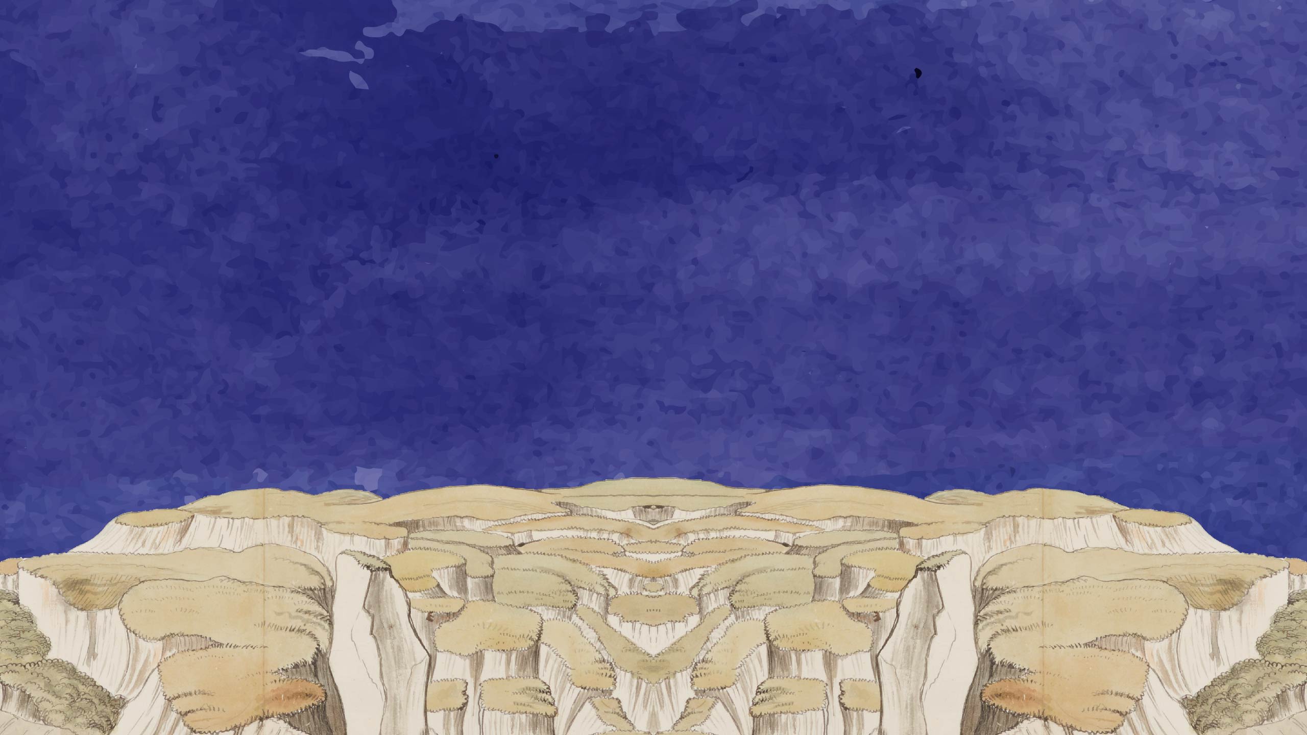 Colour drawing of rock formation (muted yellow on top and white underneath) on a blue background