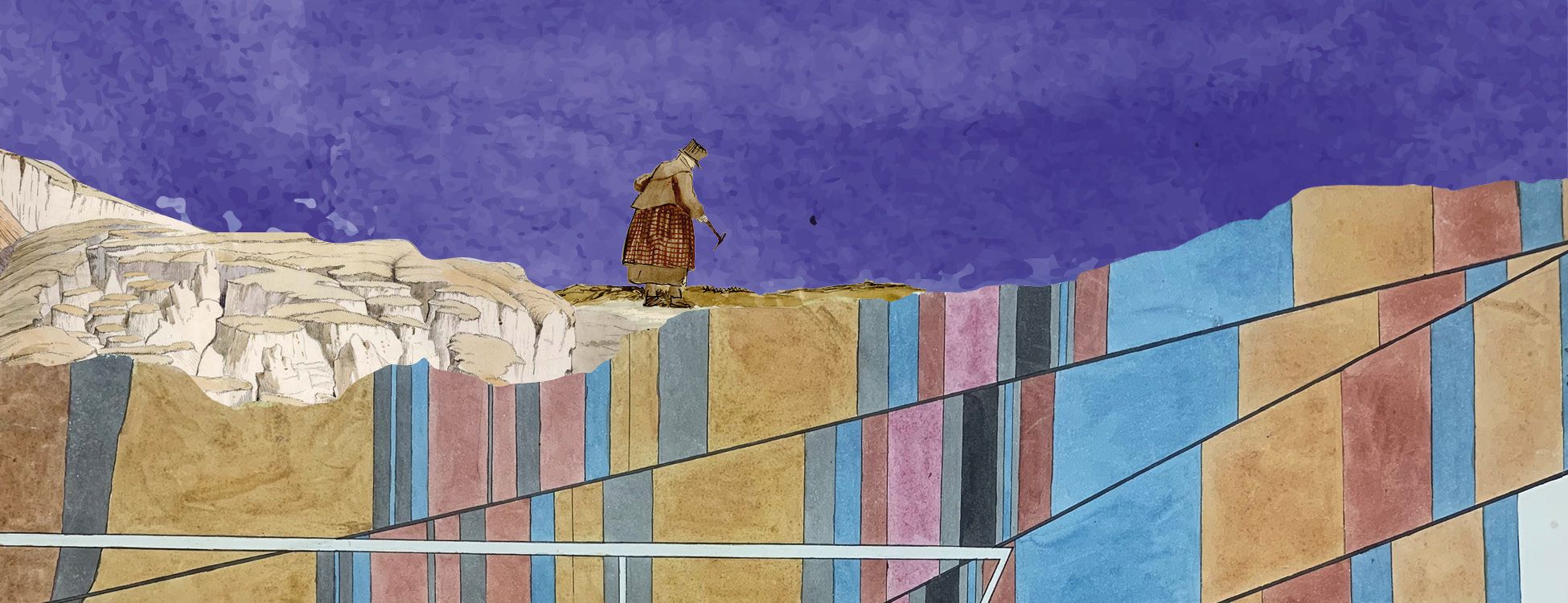 Man with hammer standing on colourful strata