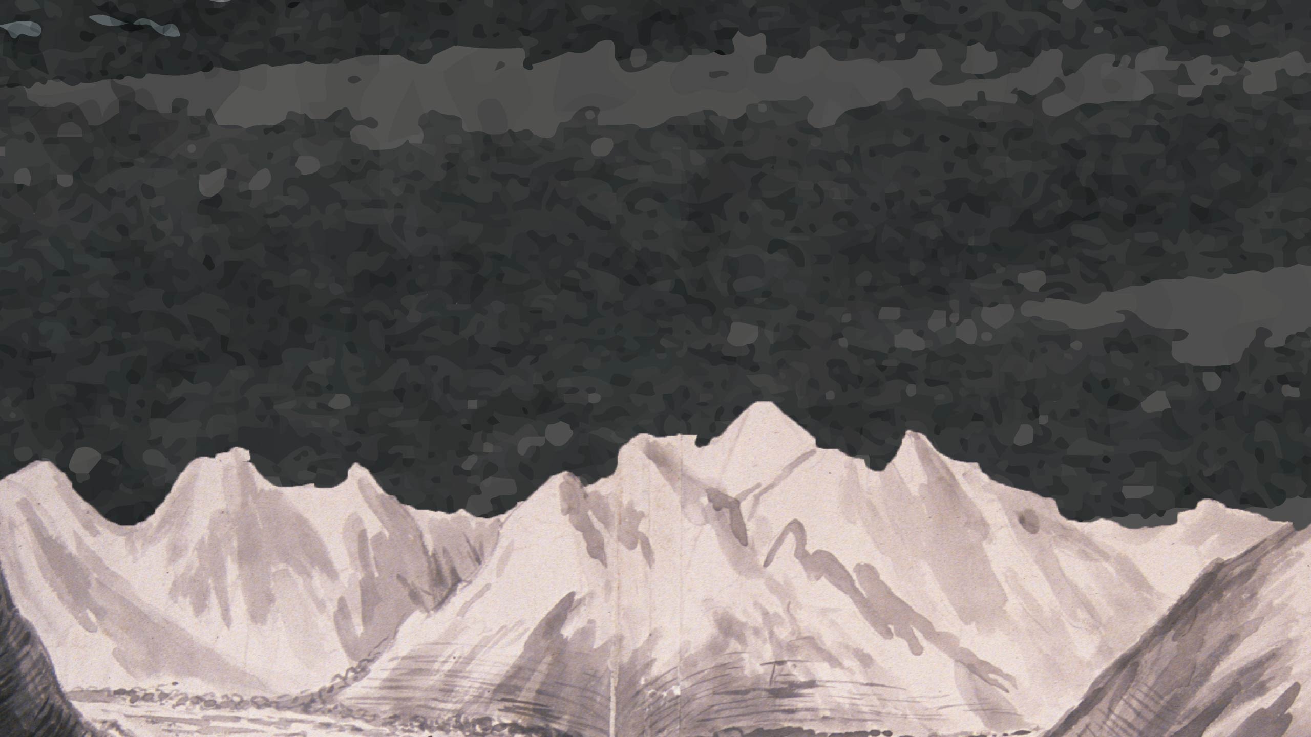Watercolour of mountains covered in ice