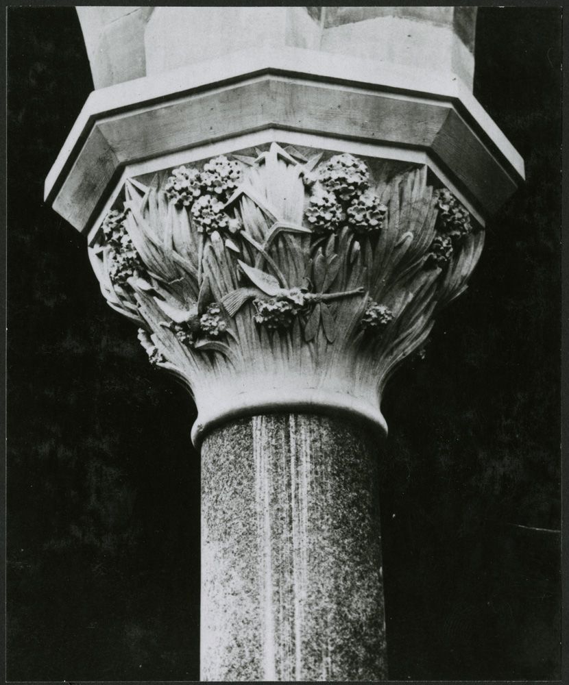Black and white photo of a carved capital