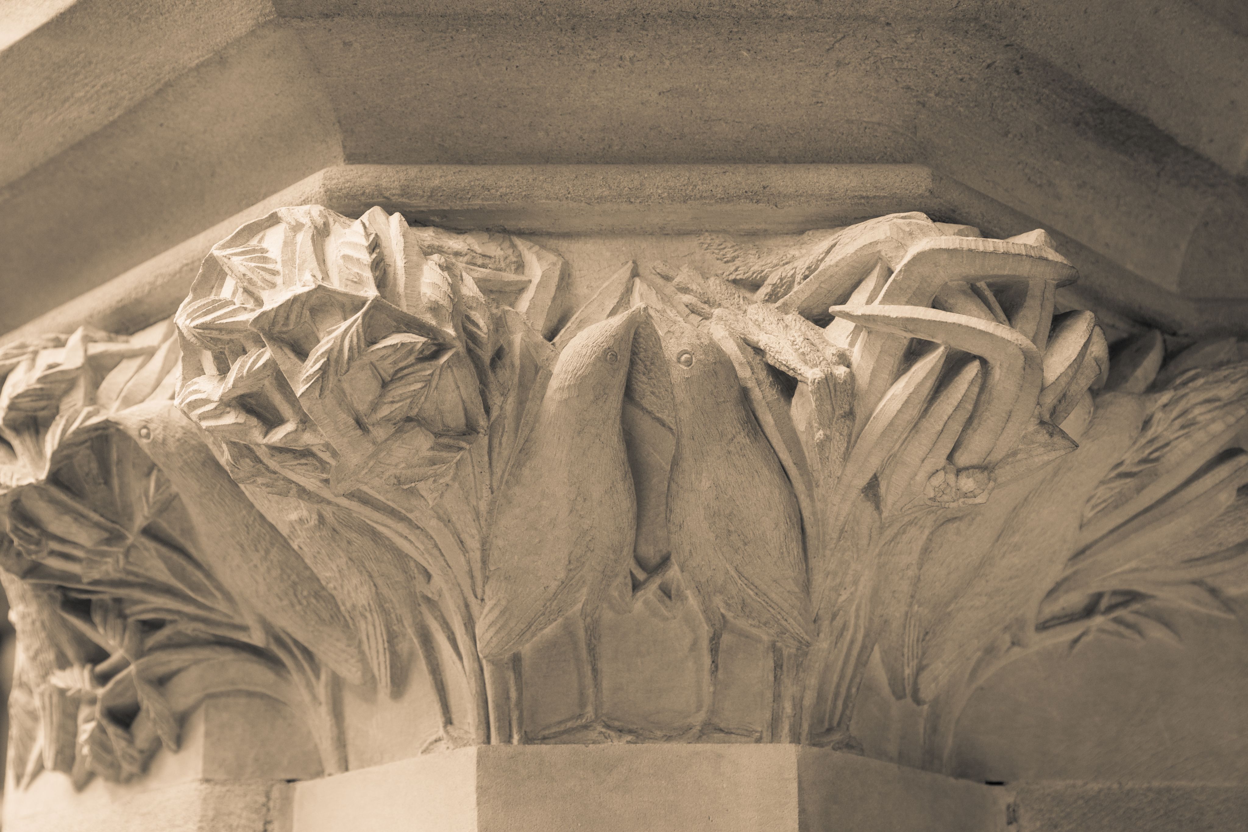 Capital carved with birds and plants 