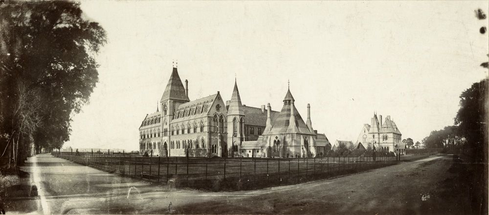 Black and white photograph of the Museum exterior in 1860