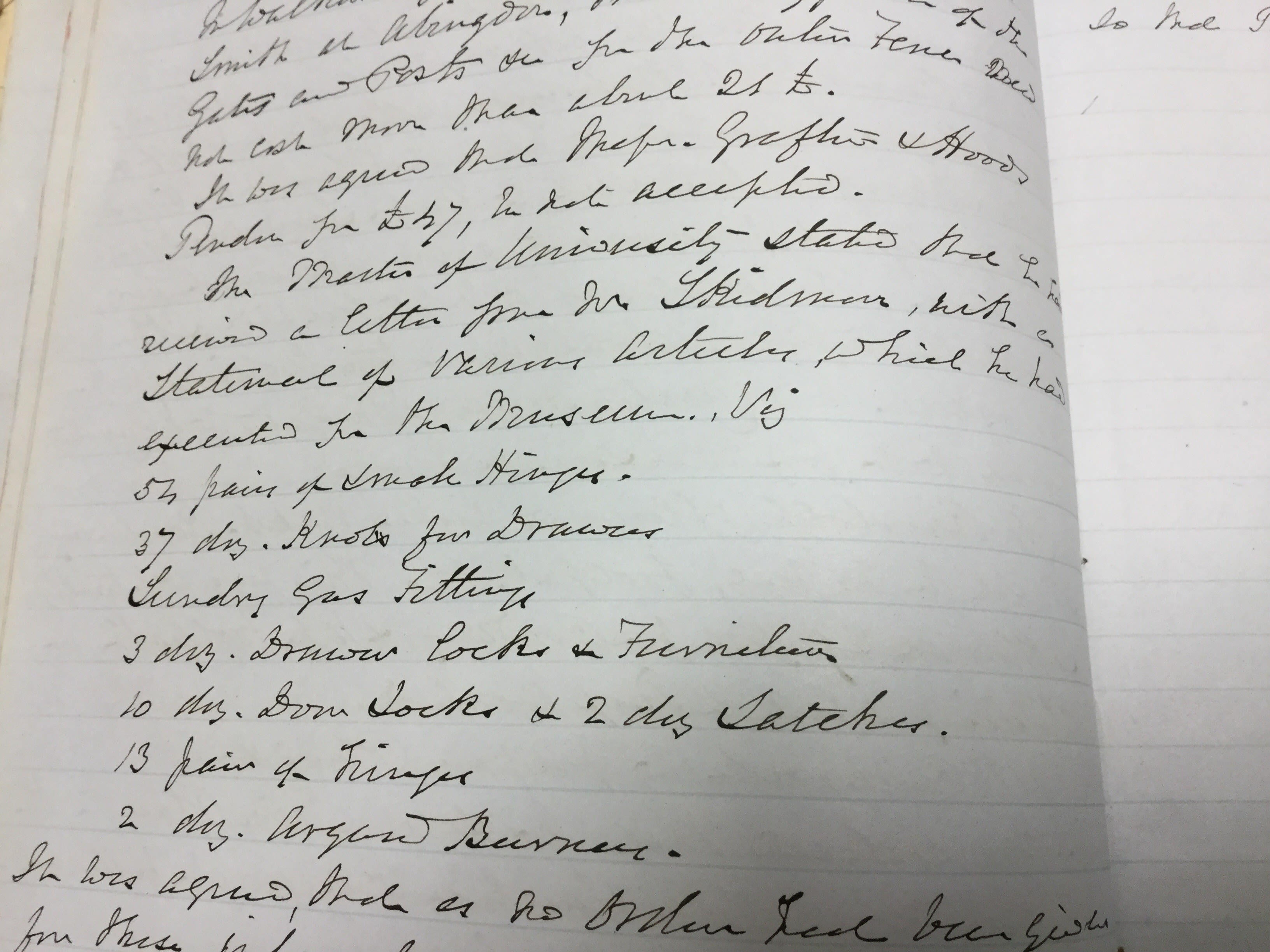 Handwritten list of metalwork fittings