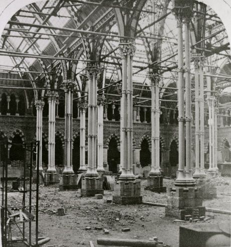 Black and white photograph of the central court under construction