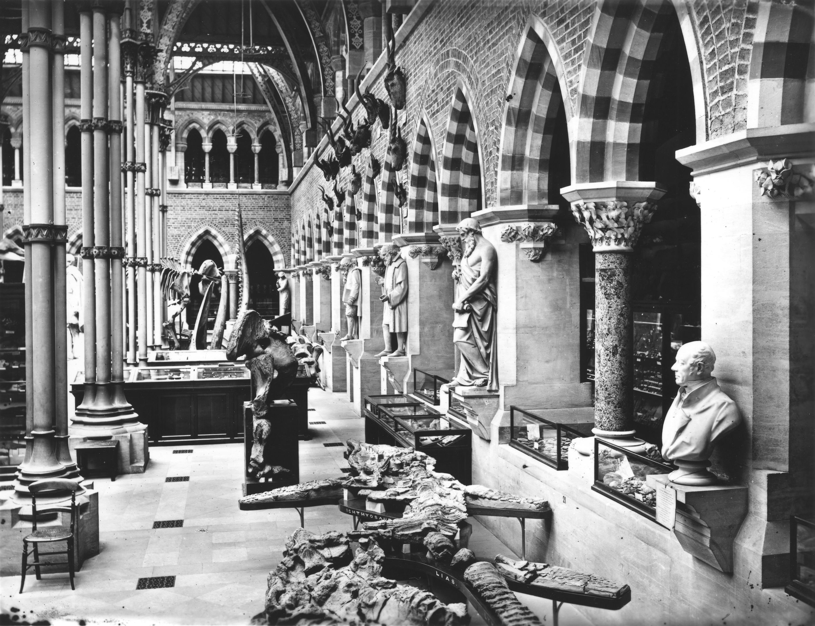 Full-length statues and portrait busts displayed in the central court