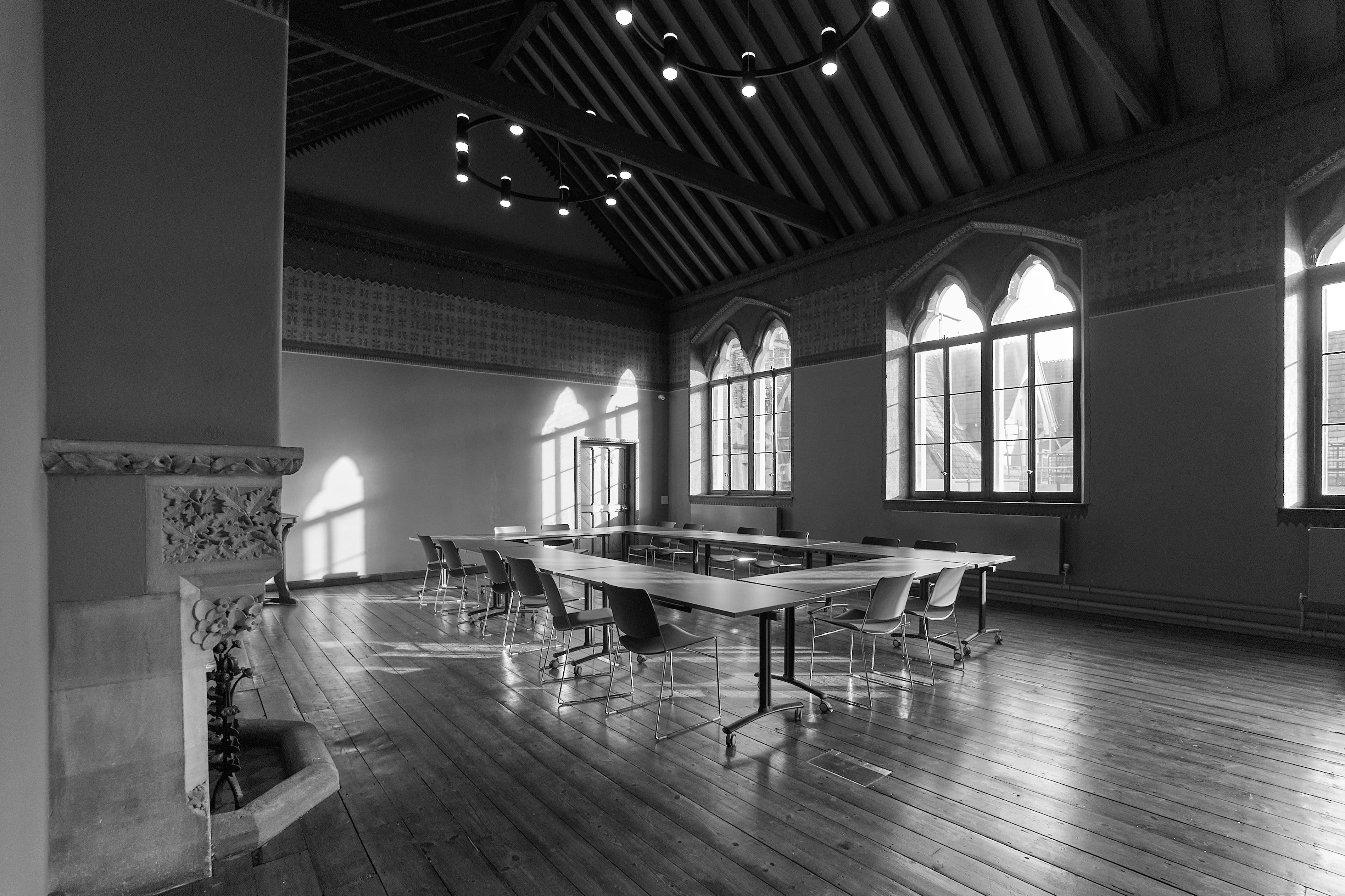 Black and white interior view of the Westwood Room