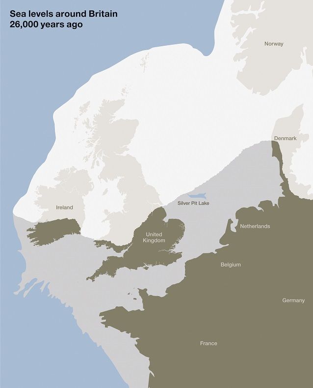 Map showing sea levels around Britain 26,000 years ago.